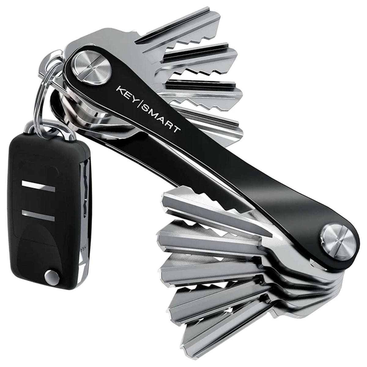 KeySmart front view showing compact organized keys and quiet carry benefit
