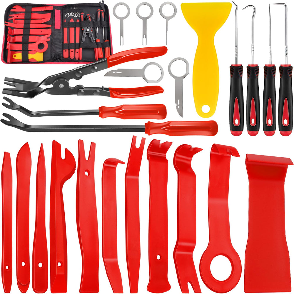 Keze front packaging showing full 24-piece red kit and bag benefiting organization