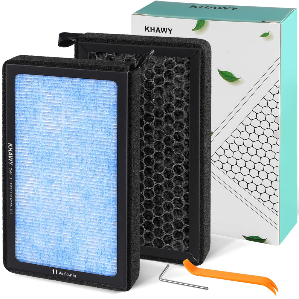KHAWY front packaging showing two cabin filters and clear fitment information, ensures correct purchase