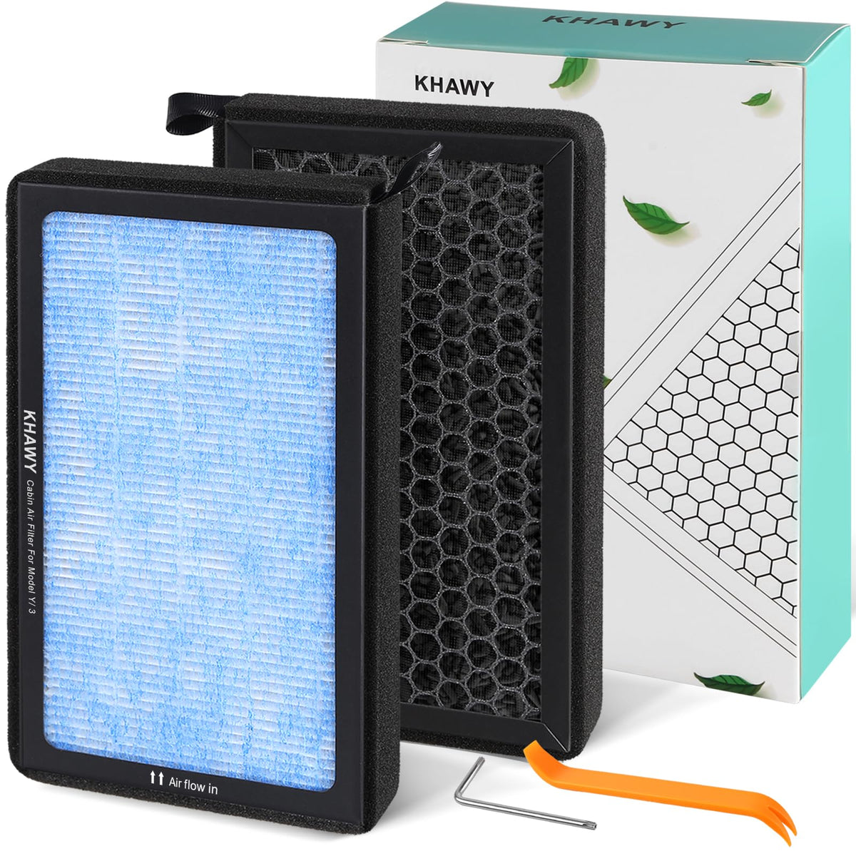 KHAWY front packaging showing two cabin filters and clear fitment information, ensures correct purchase