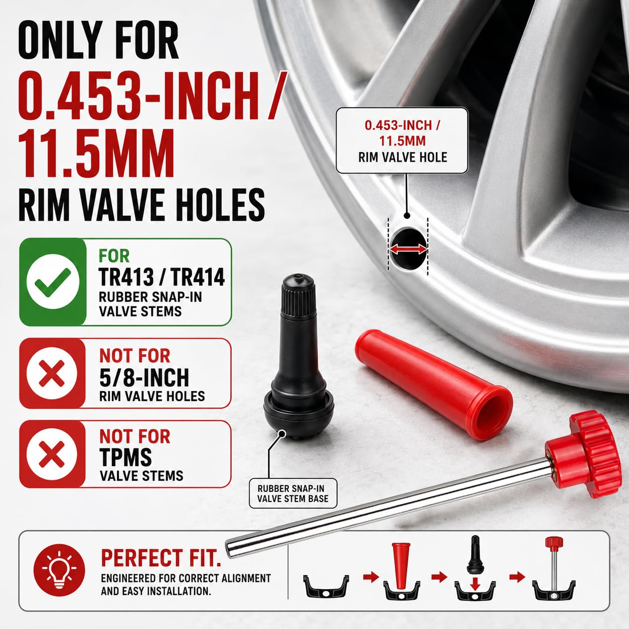 kiaikmc TR413 and TR414 rubber valve stems close-up showing correct fit for 0.453-inch holes
