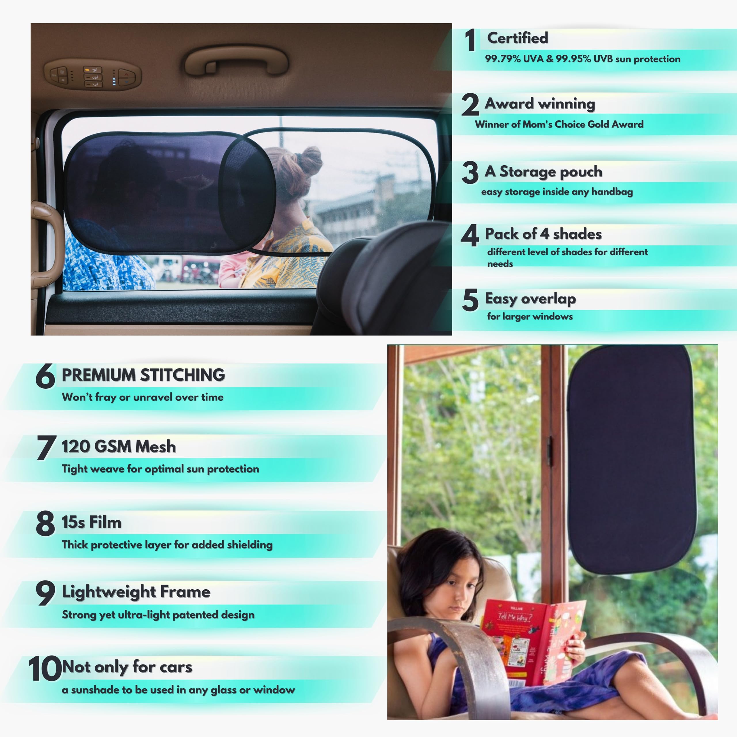 kinder Fluff installed on car side window reducing glare for passengers
