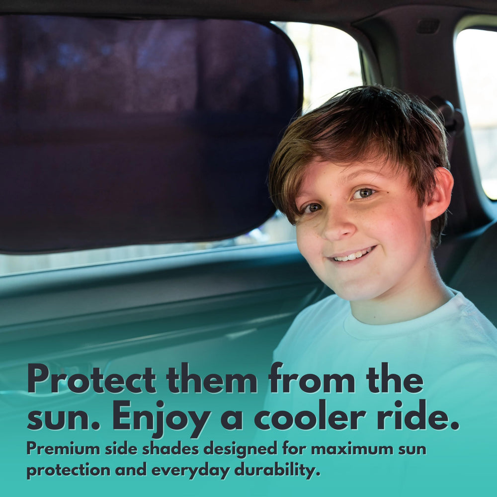 kinder Fluff covering a vehicle rear window improving privacy and sun defense