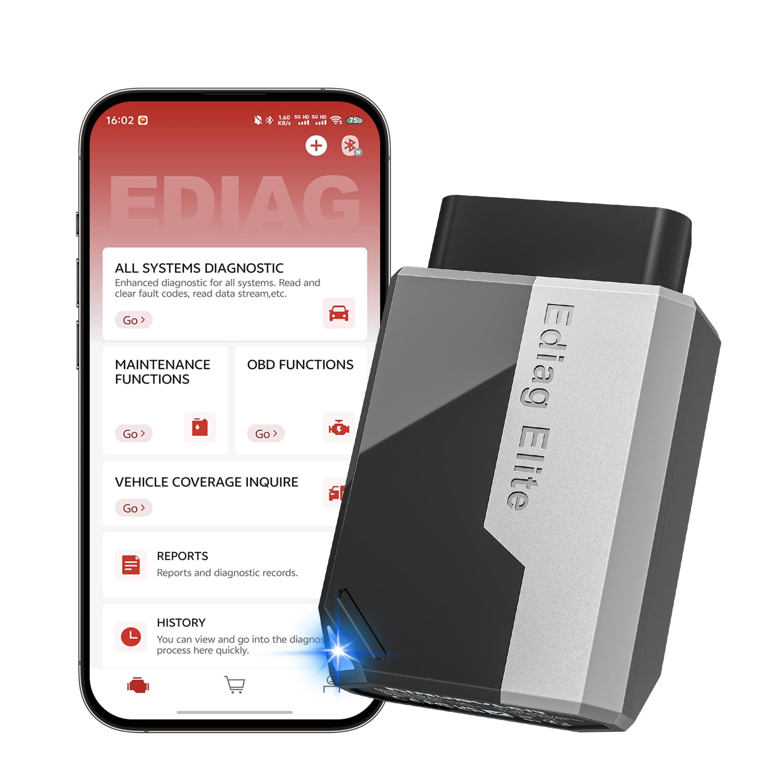 KINGBOLEN Ediag Elite front view showing compact OBD2 dongle and car benefit