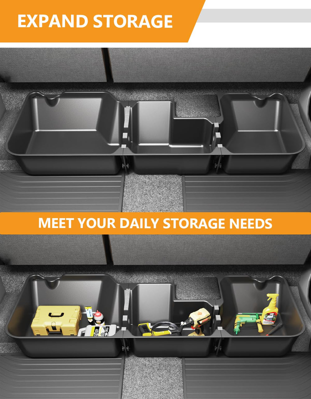 KINGGERI installed under seat in Ram 1500 illustrating hidden storage benefit