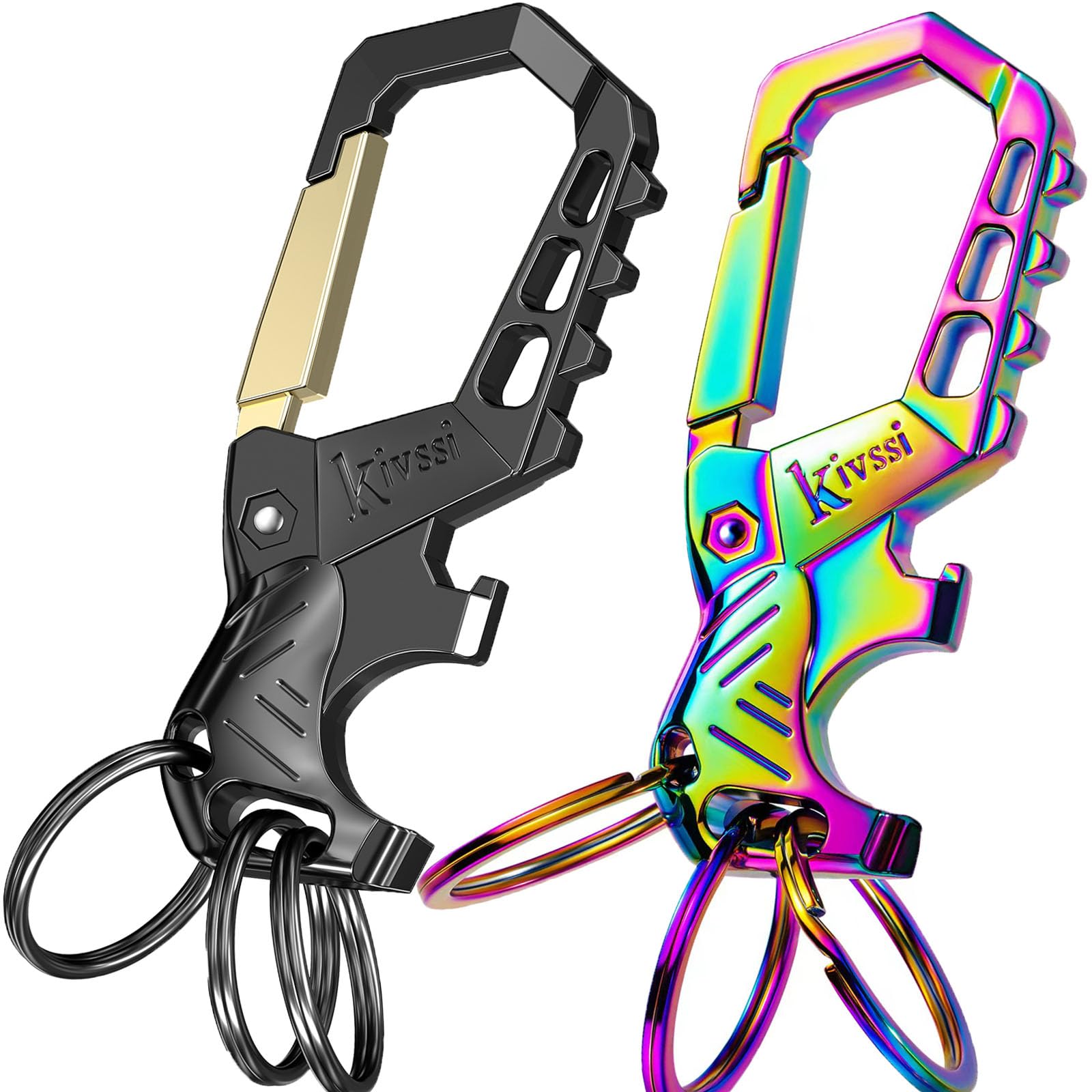 Kivssi front view showing gold multicolor finish and carabiner for stylish secure carry