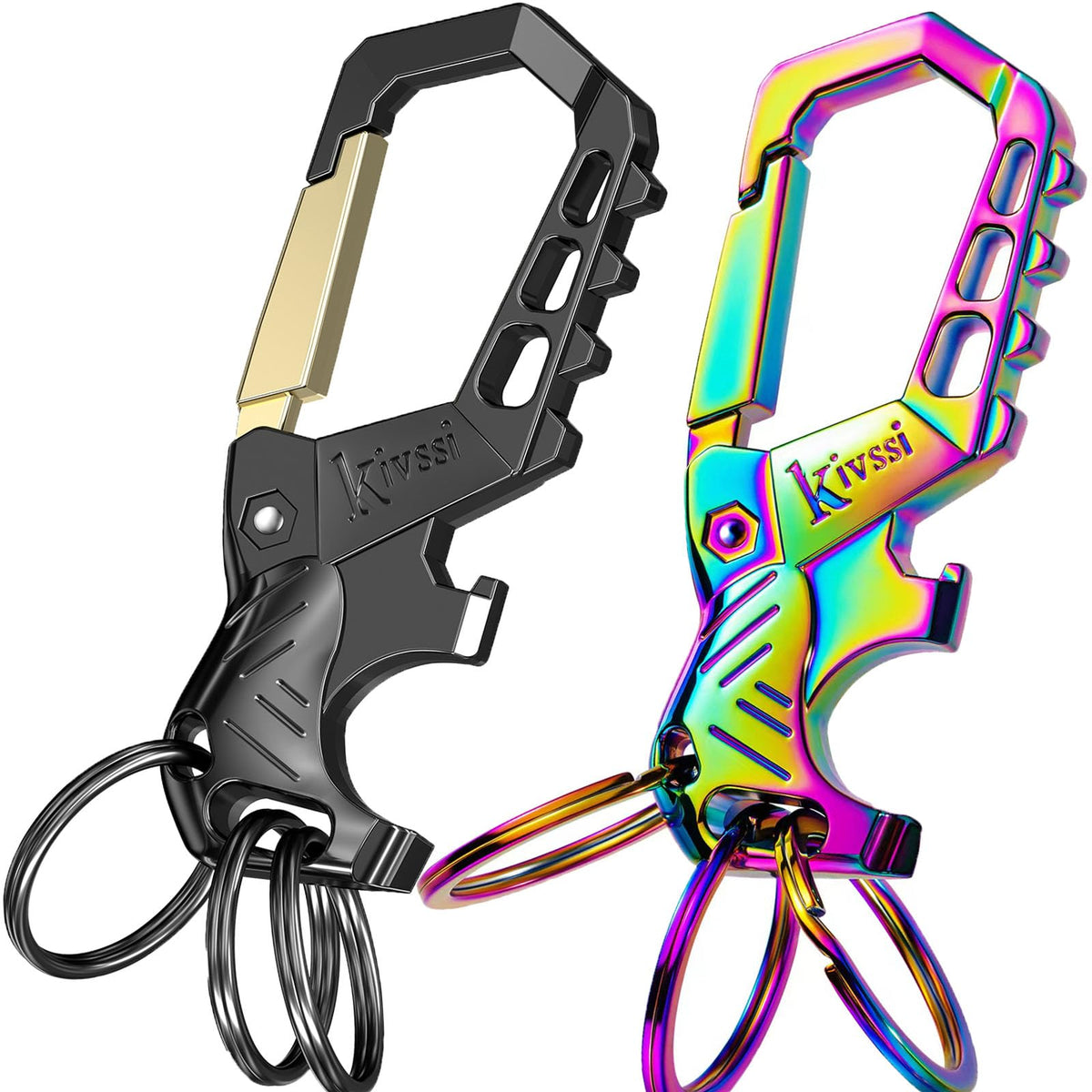 Kivssi front view showing gold multicolor finish and carabiner for stylish secure carry