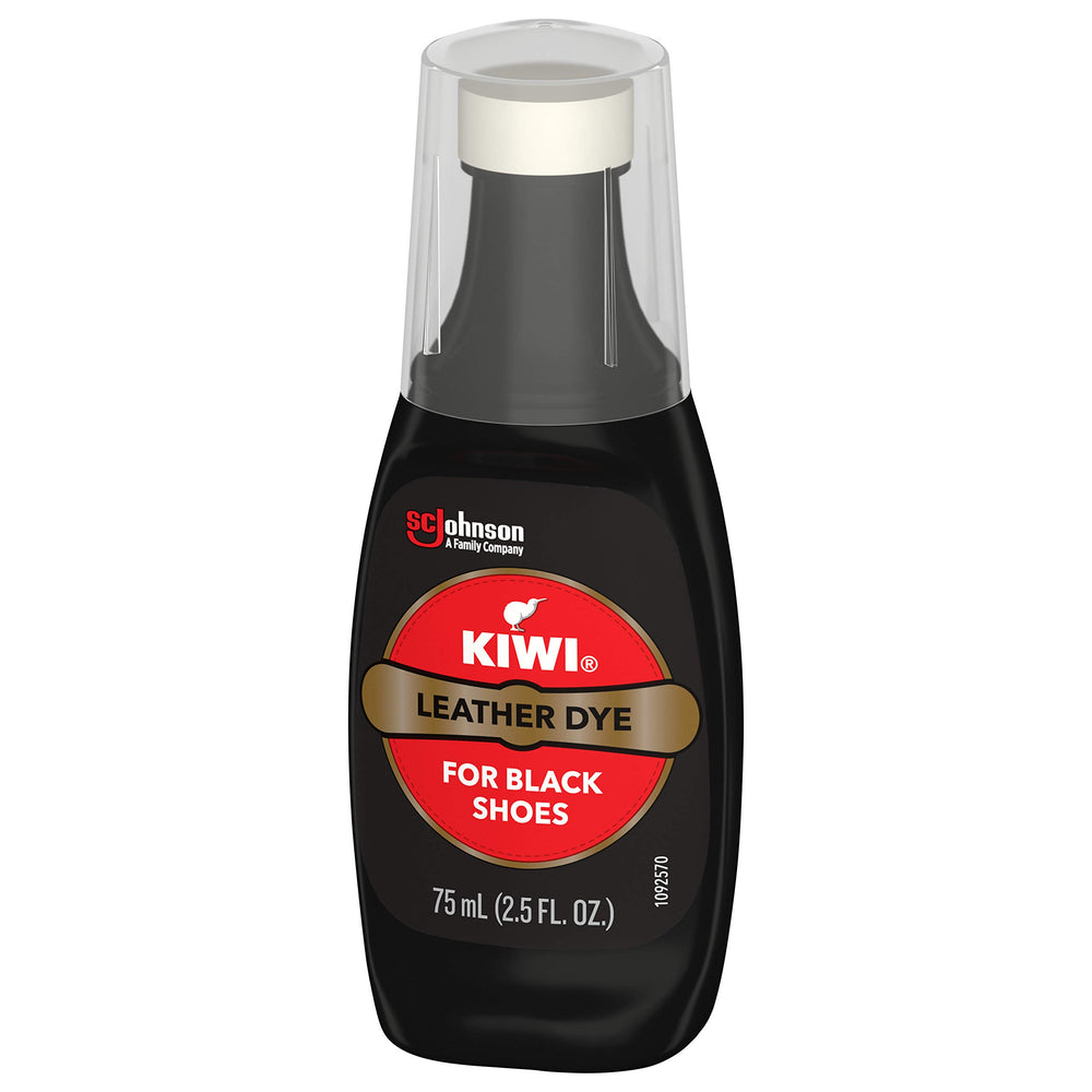 SC Johnson KIWI dye being applied to a scuffed black shoe to restore color and hide wear