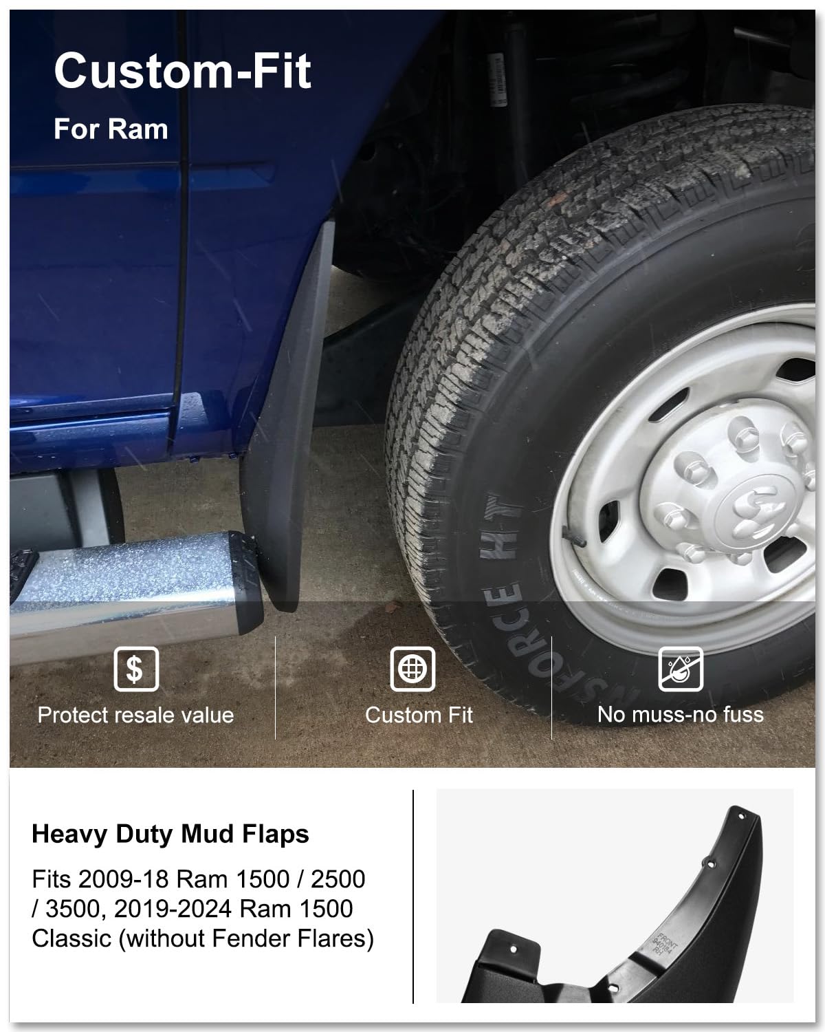 Kiwi Master installed on Ram rear wheel protecting truck body from debris