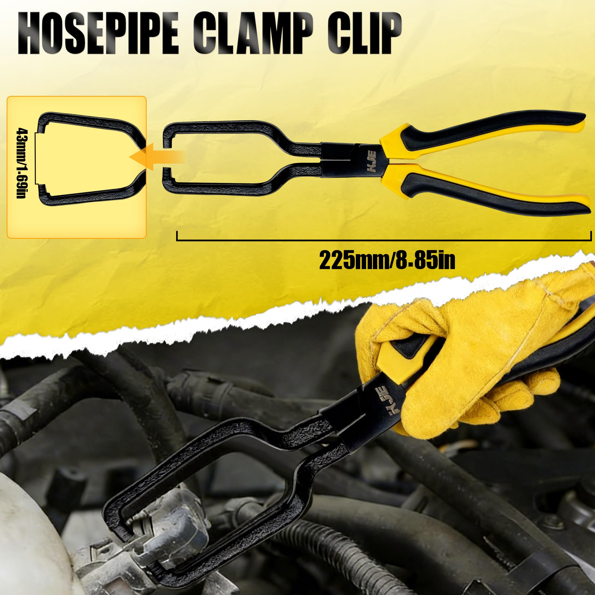KJE close-up of curved 9-inch fuel filter caliper jaws for easy one-handed connector removal