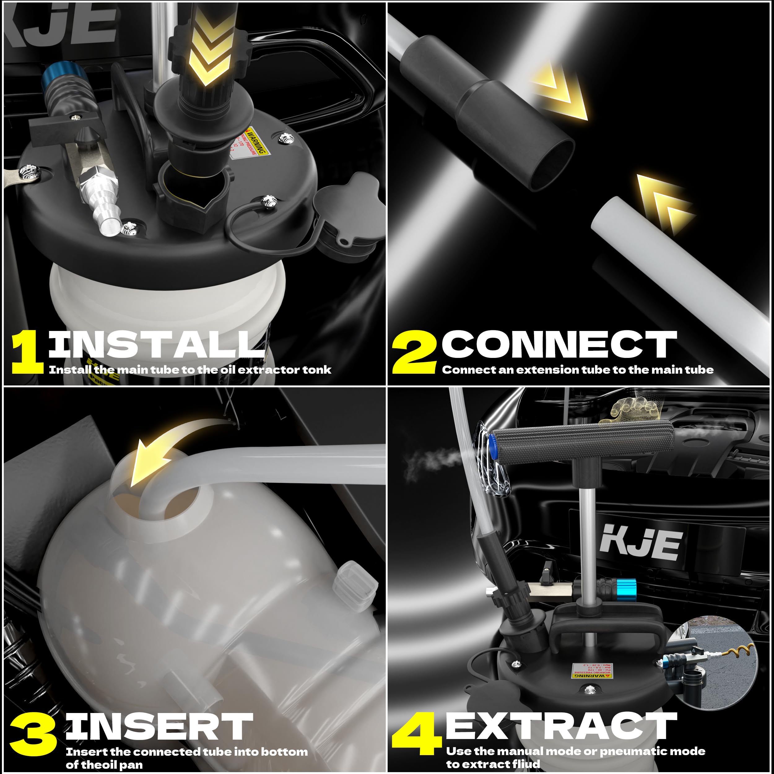 KJE in-use pneumatic mode on garage floor for faster fluid removal