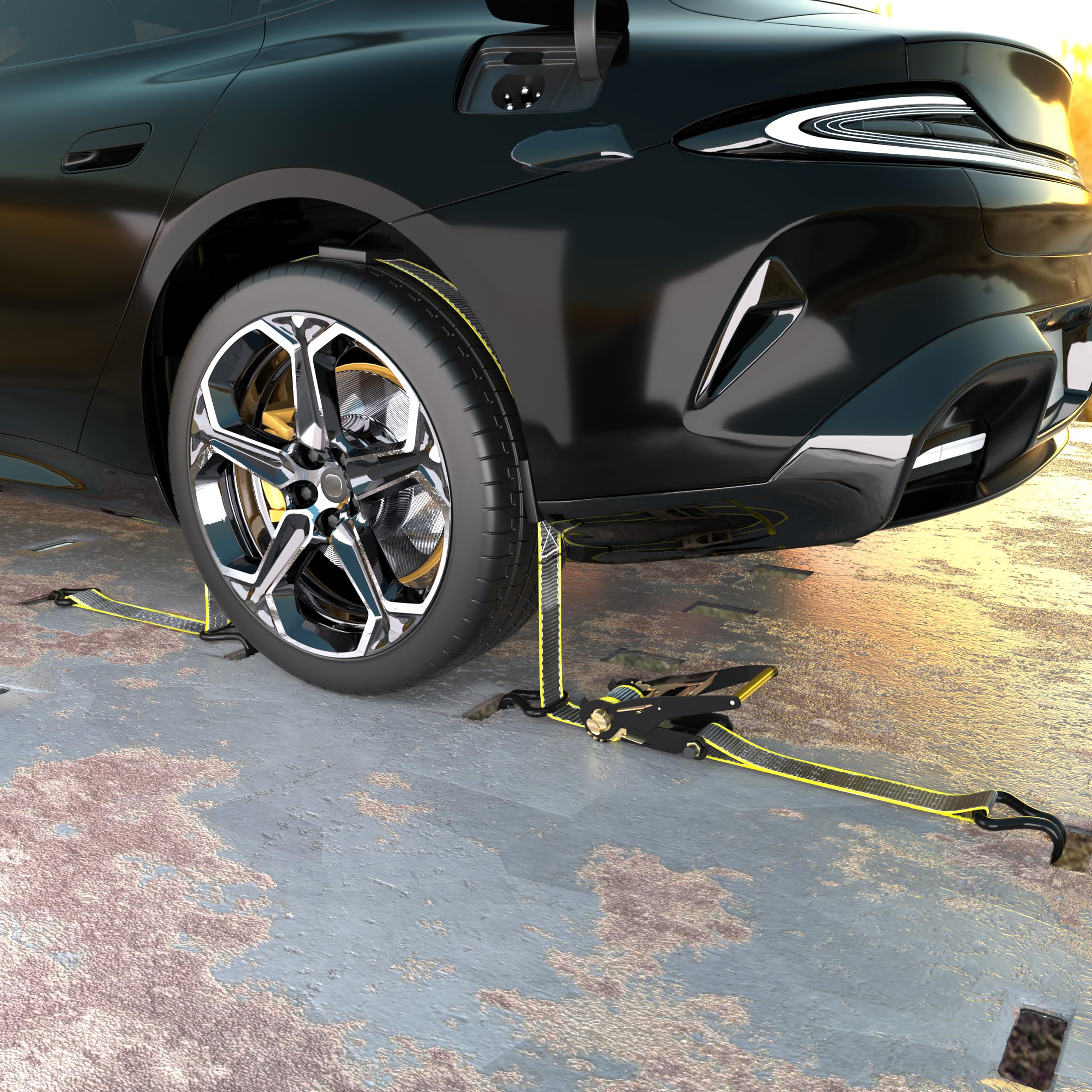 KJE straps on trailer demonstrating 2x10' length and secure fit for vehicles