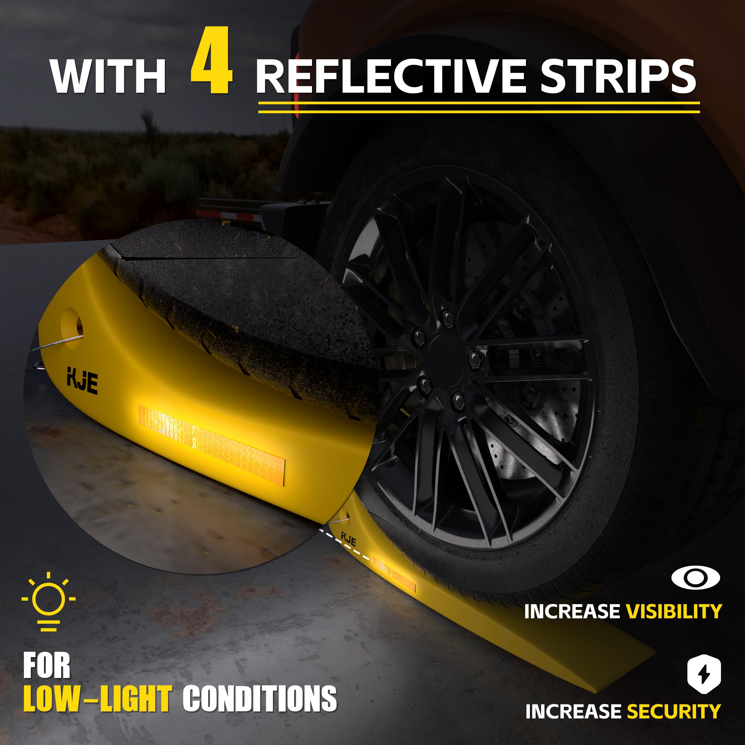 KJE skate beside a vehicle wheel showing compact size and portability benefit