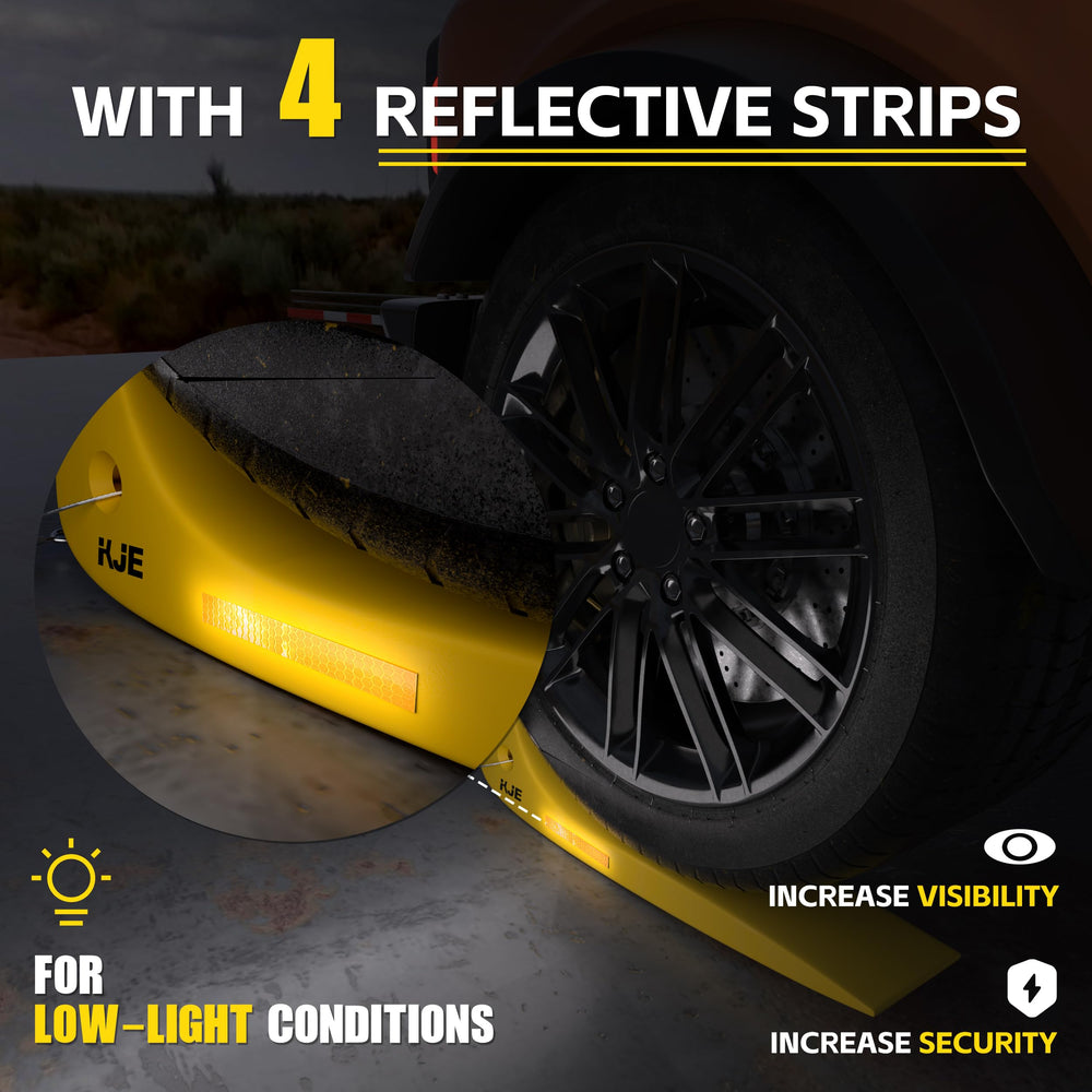 KJE skate beside a vehicle wheel showing compact size and portability benefit