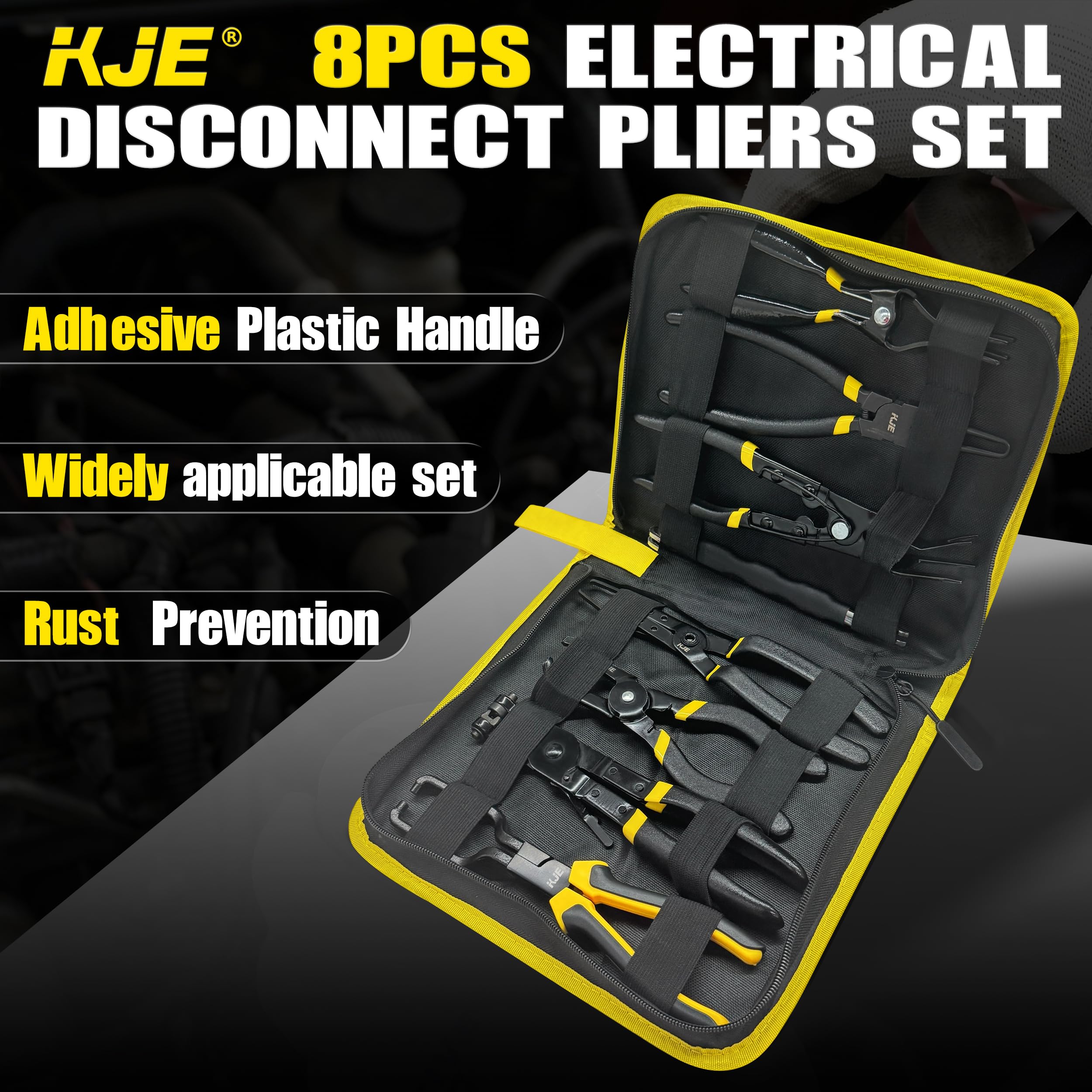 KJE tools laid out in garage near vehicle for quick access during roadside or shop repairs