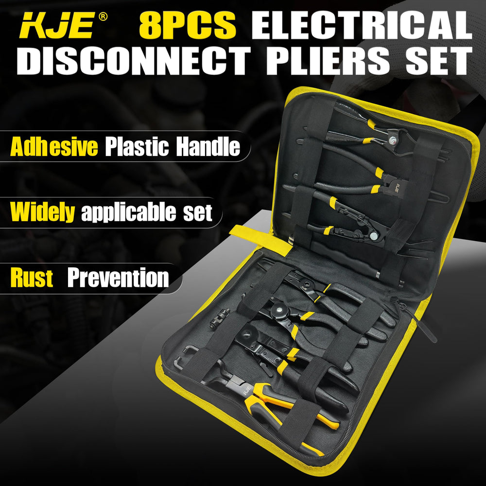 KJE tools laid out in garage near vehicle for quick access during roadside or shop repairs