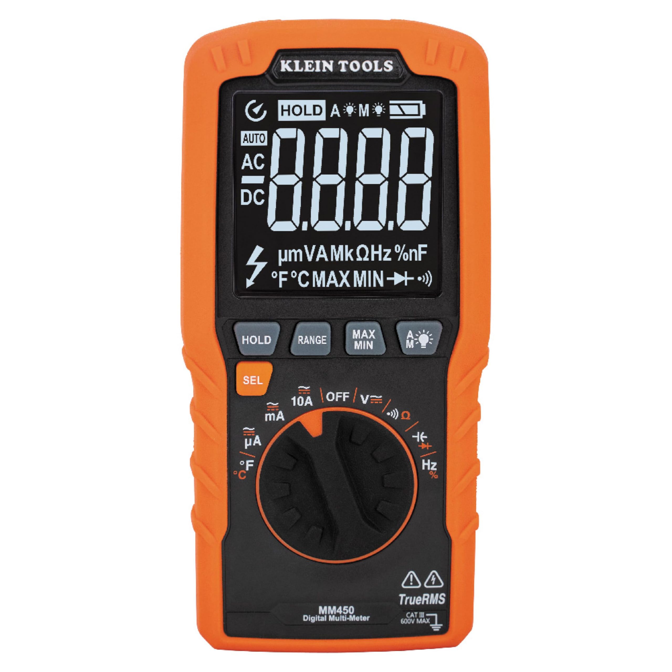 Klein Tools MM450 front display showing clear measurements for quick reads