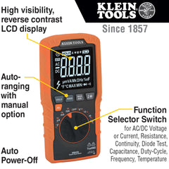 Klein Tools MM450 illuminated lead-alert LEDs confirming safe probe placement