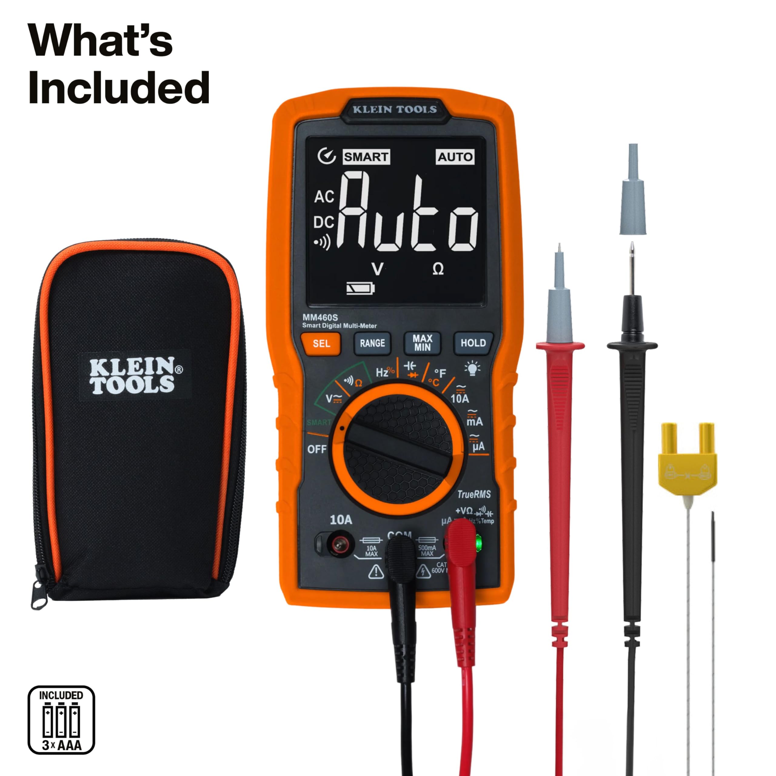 Klein Tools MM460S close-up of backlit reverse-contrast screen for clear visibility