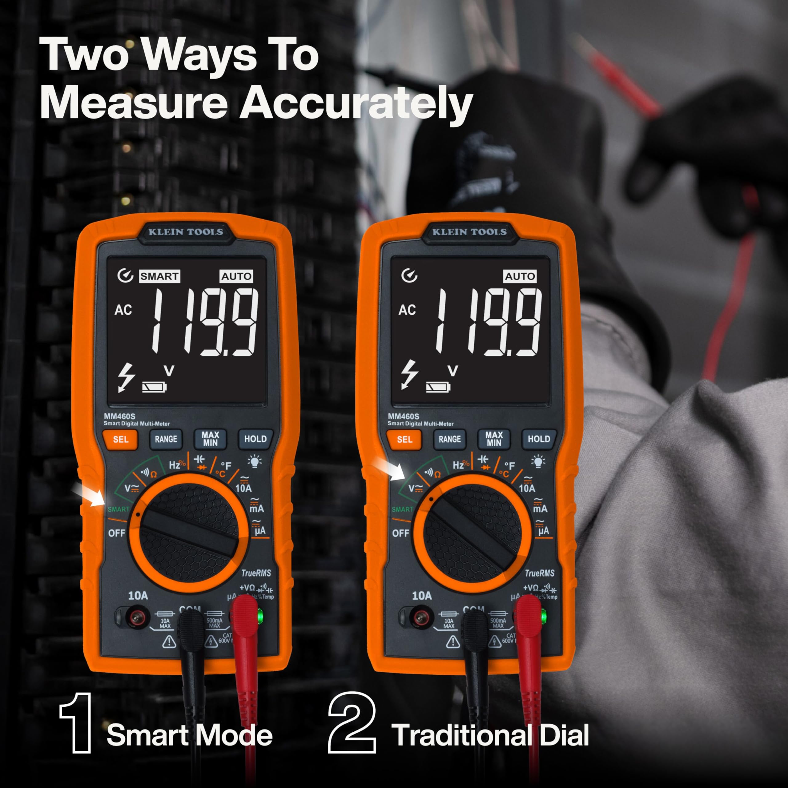 Klein Tools MM460S held in hand to show compact size and jobsite portability