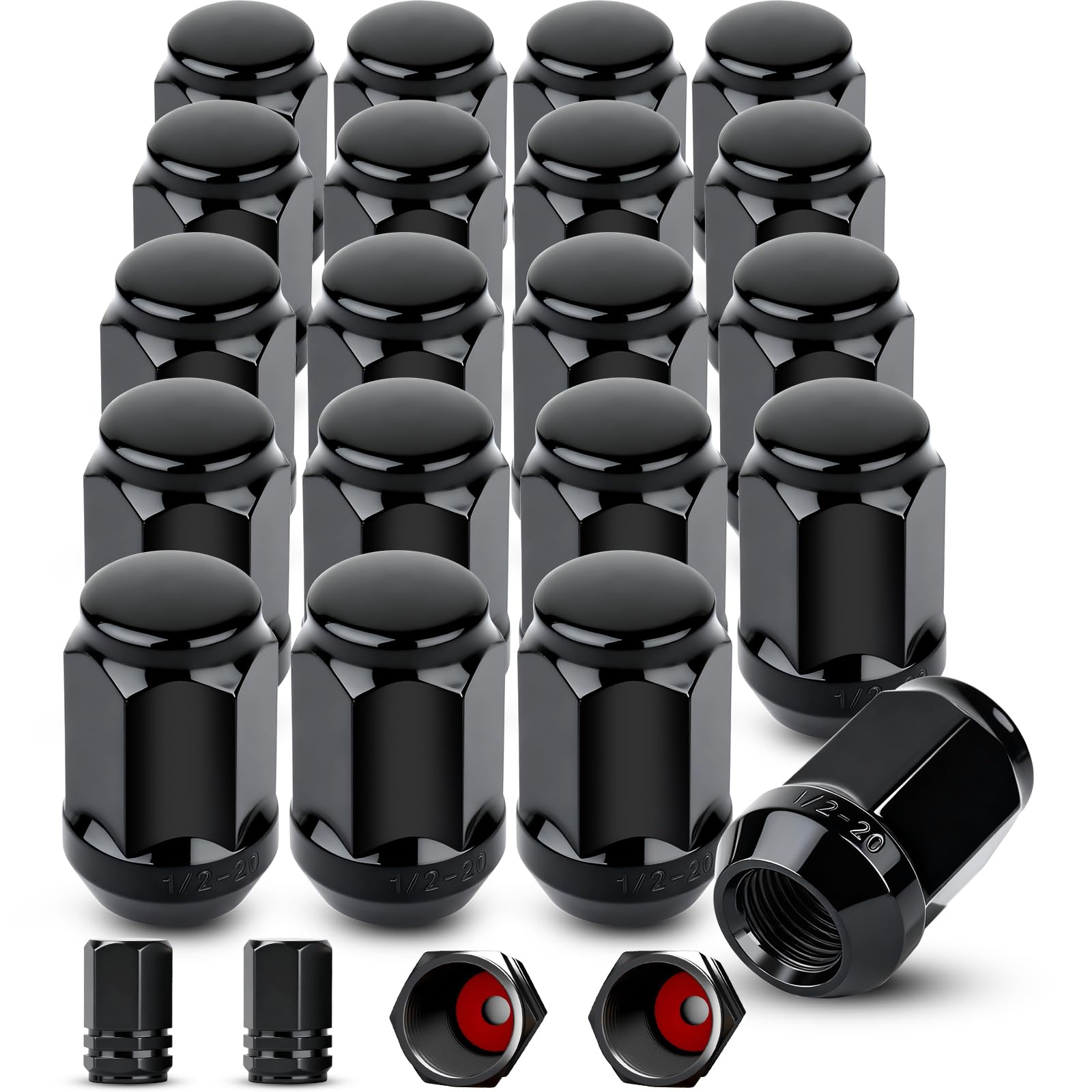 Klmnduo front view of 20 closed-end lug nuts showing complete kit and packaging benefit