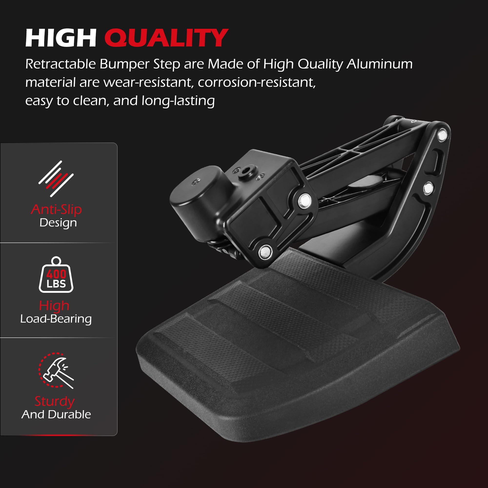 KLN tailgate step aluminum finish detail resisting corrosion and wear
