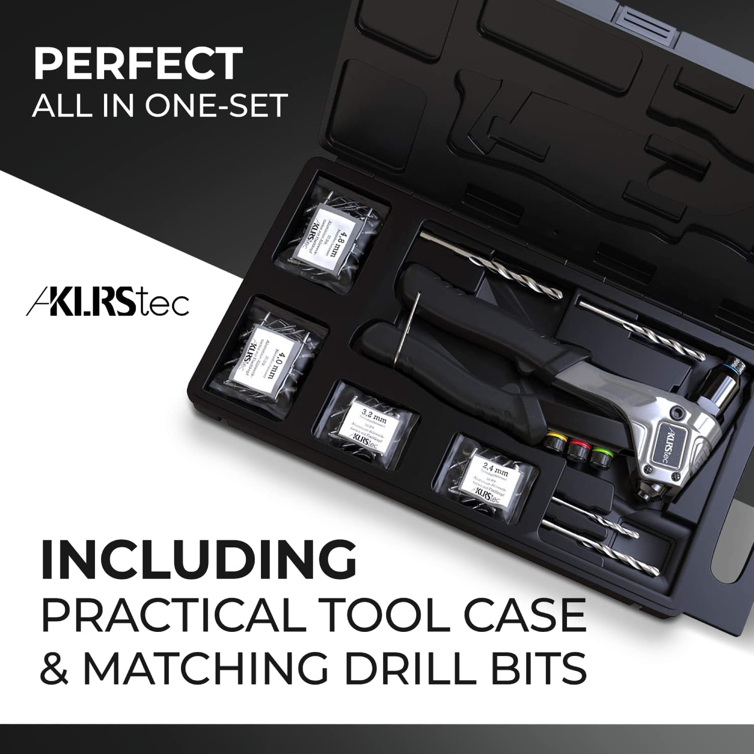 KLRS organized open case holding riveter, rivets and bits for portable storage