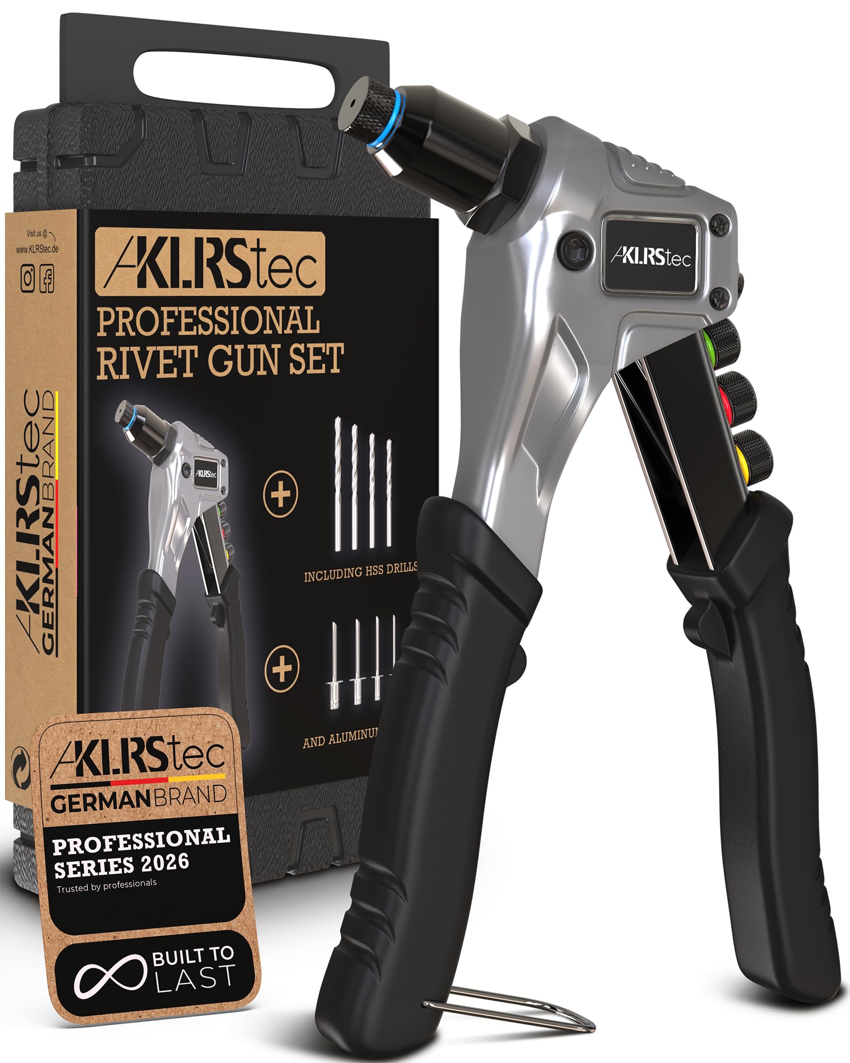 KLRS KLRStec rivet gun front view showing tool and grips for controlled fastening