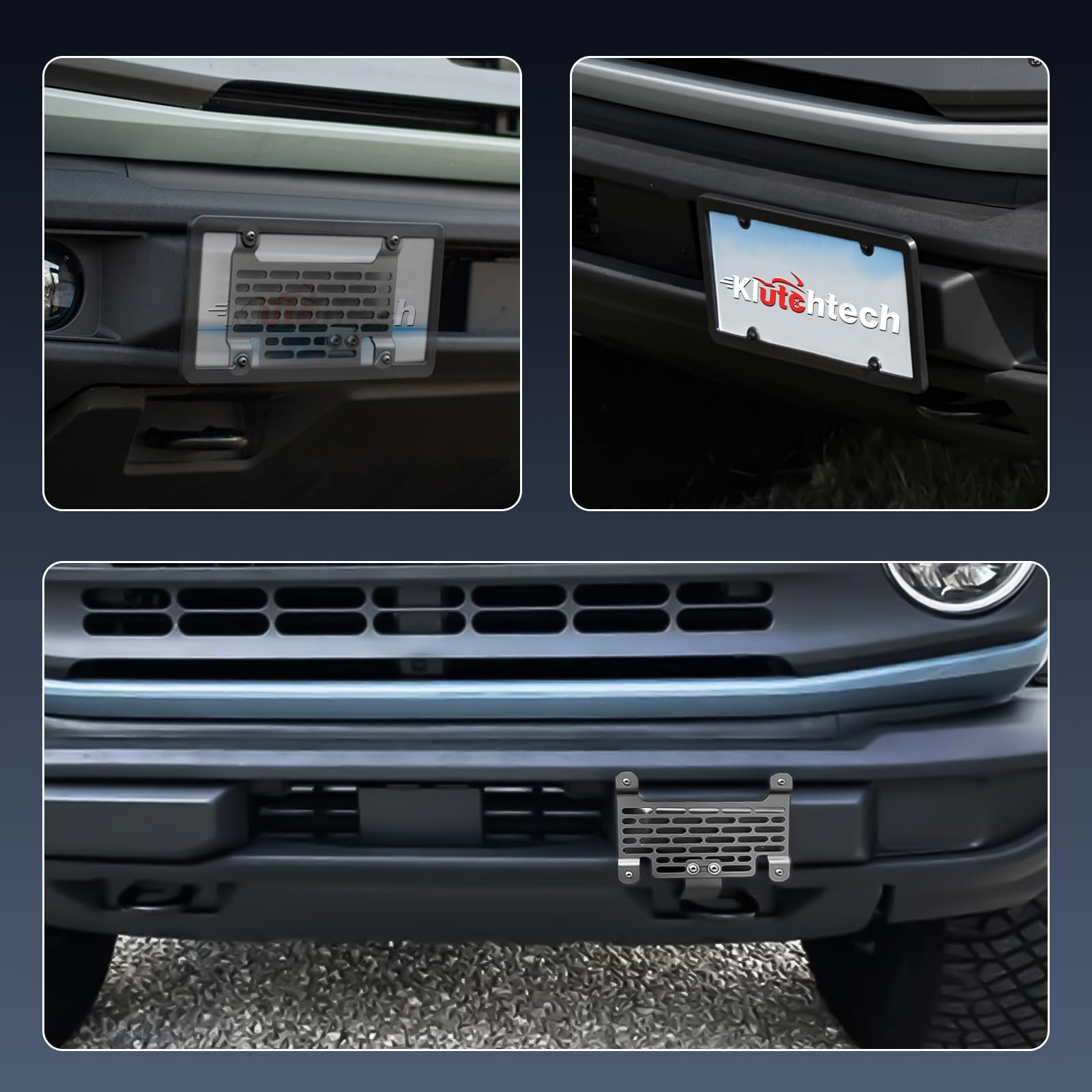 Klutchtech Bronco installed at night showing glare-free finish and visible plate