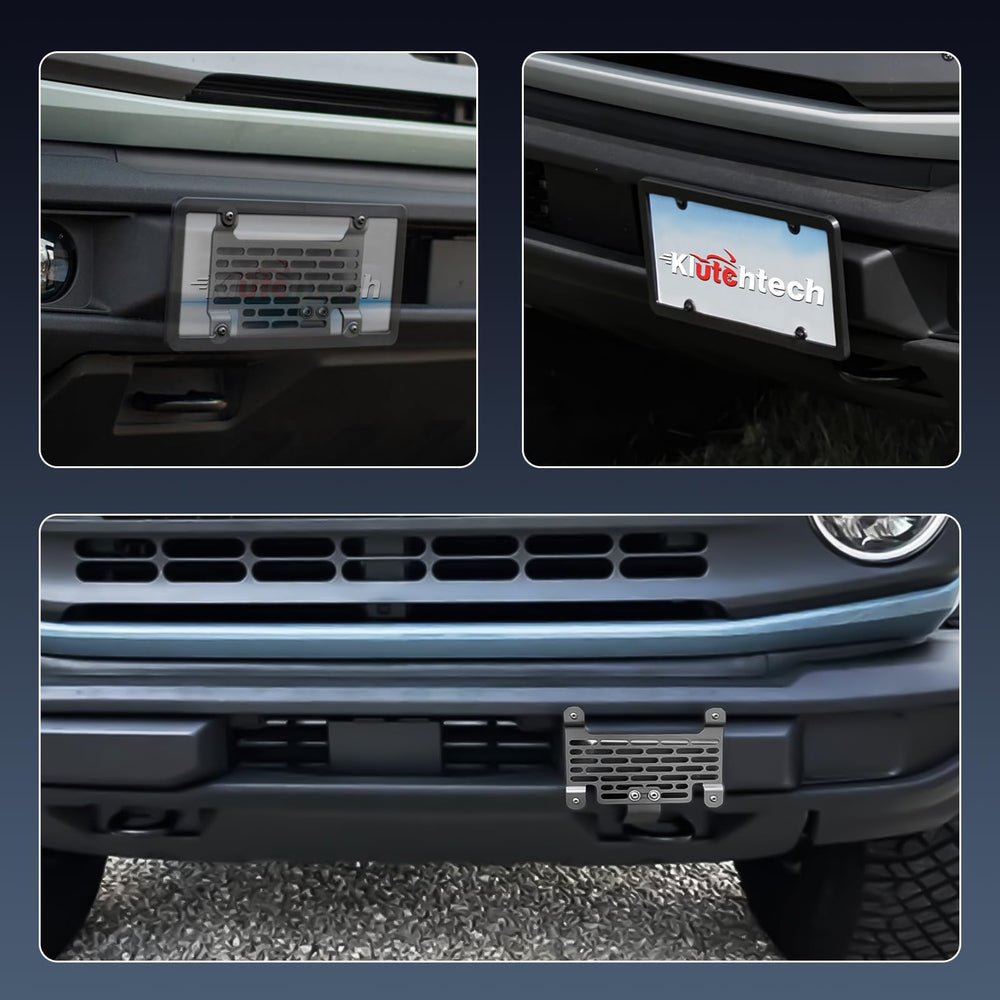 Klutchtech Bronco installed at night showing glare-free finish and visible plate
