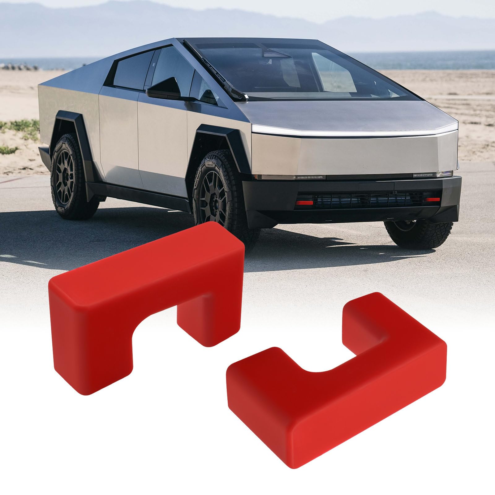 Klutchtech red tow hook cover on Cybertruck front showing clean finish and added style