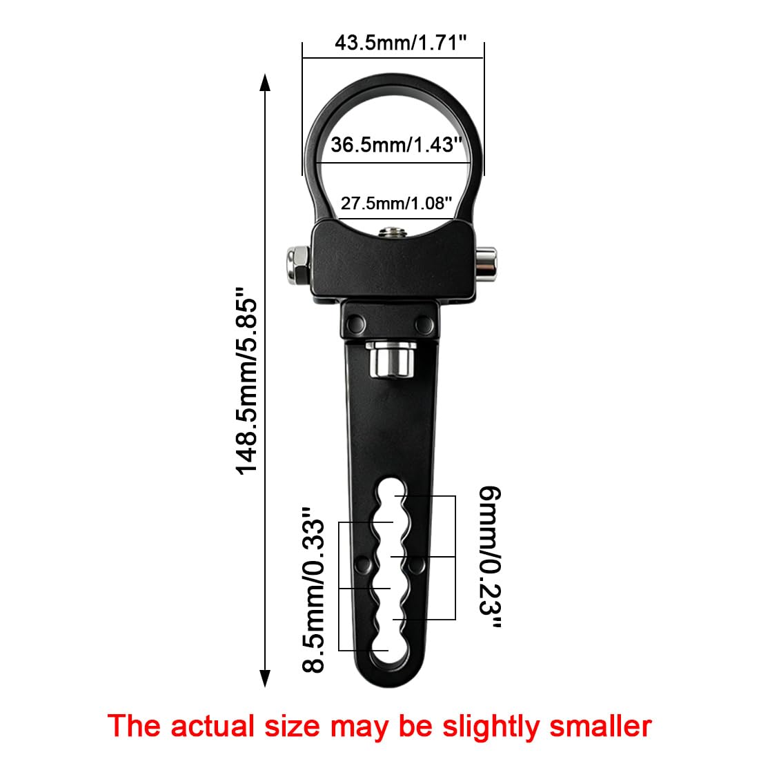 KMFCDAE size comparison with ruler showing fit for 1.5 inch tubular bars