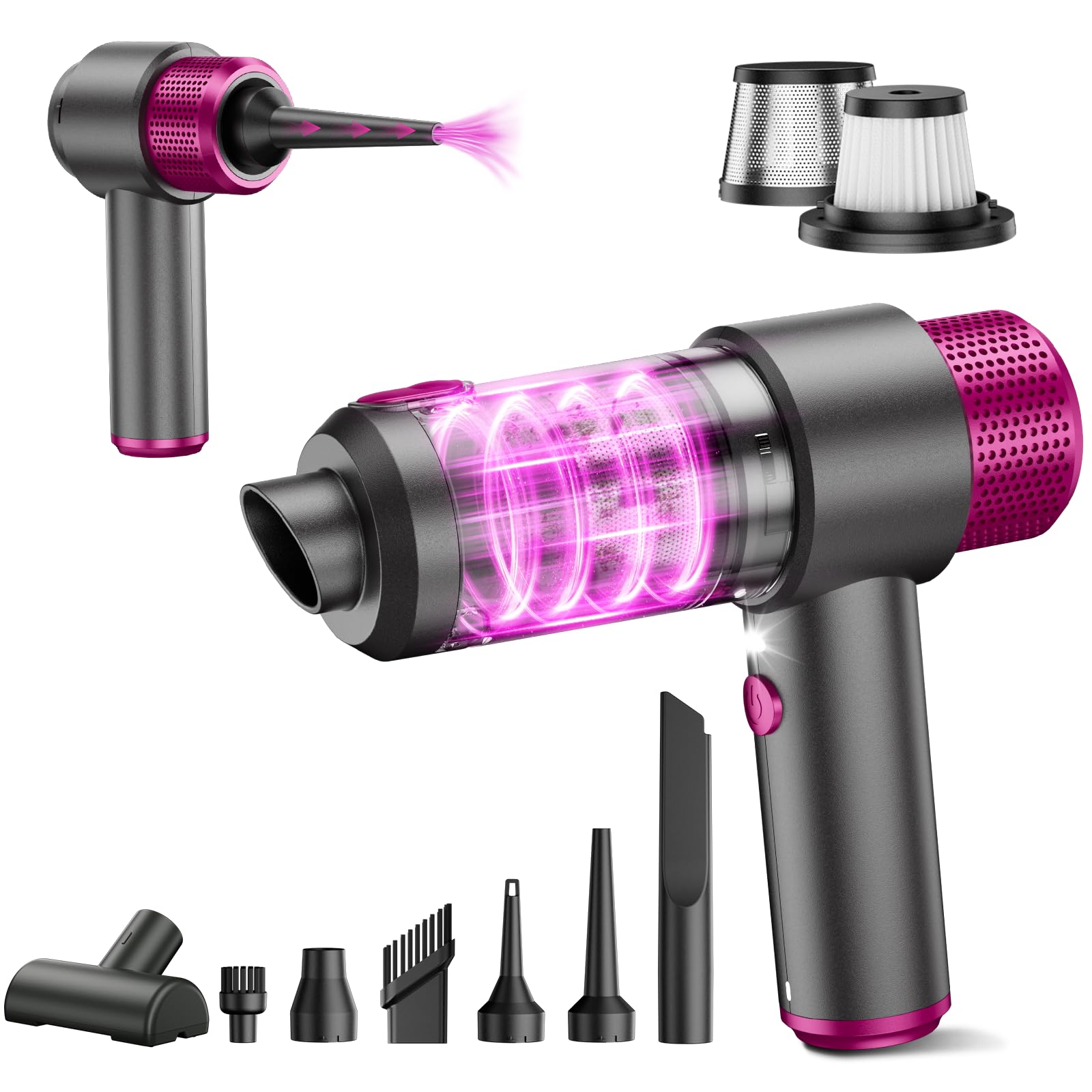 KMM handheld vacuum front view showing compact design and strong suction benefit