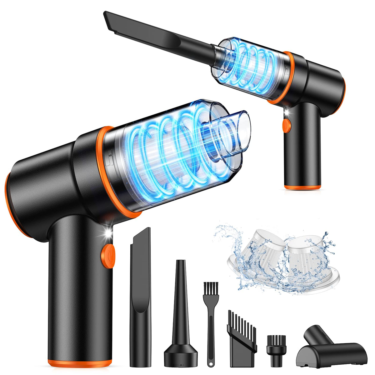 KMM handheld vacuum front view showing compact design and controls for convenient cleaning
