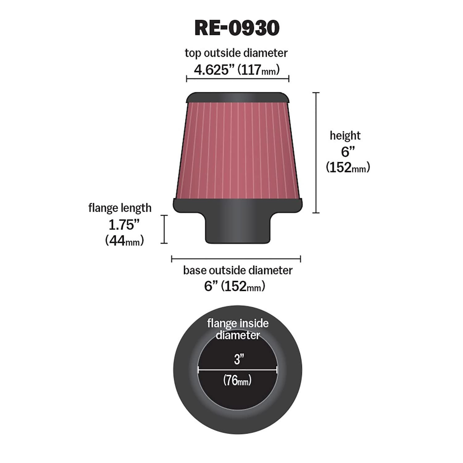 K&N RE-0930 side profile highlighting tapered cone for better airflow