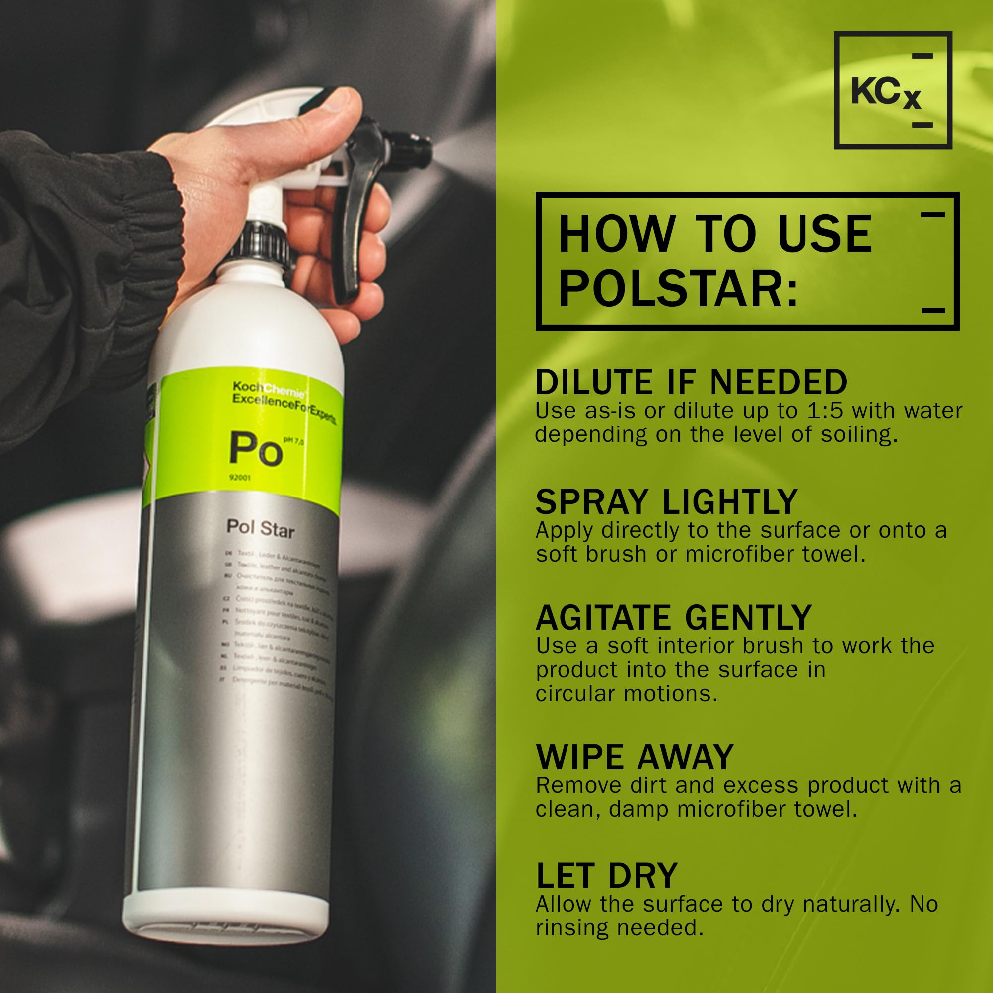 KOCHCHEMIE spraying cleaner onto car seat demonstrating safe application