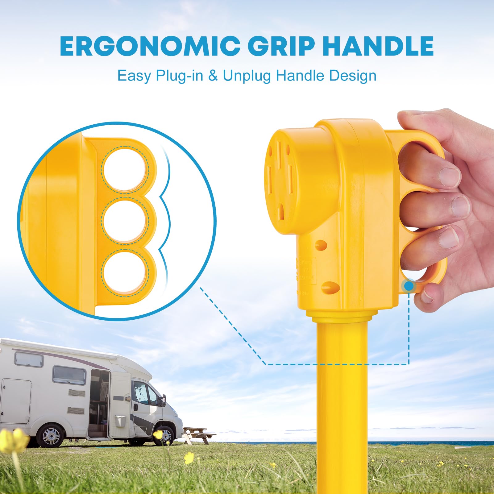 Kohree ergonomic three-hole grip close-up offering easy handling and safer unplugging