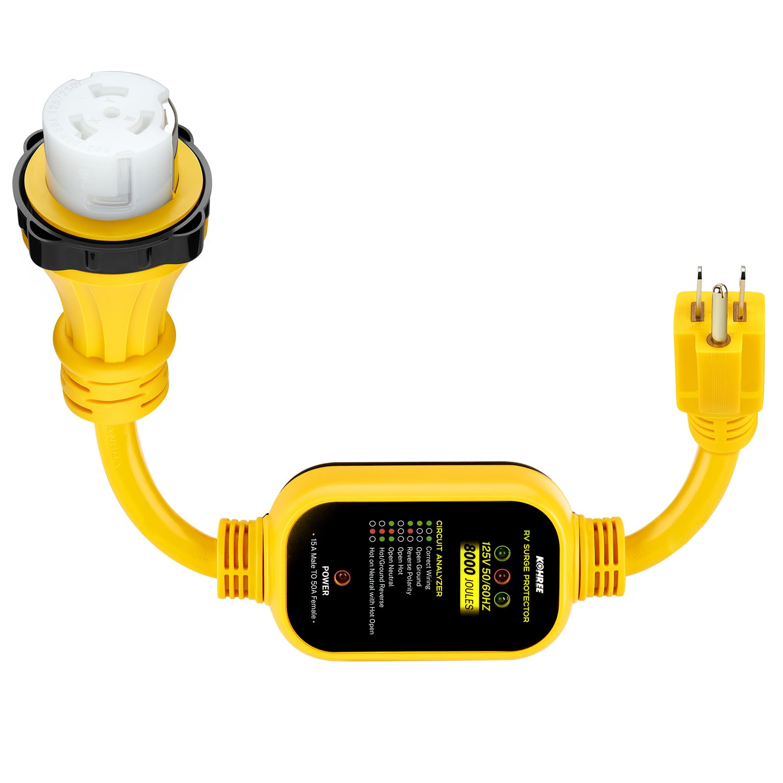 Kohree front-facing adapter showing 50A female and 15A plug, ensures safe household connection