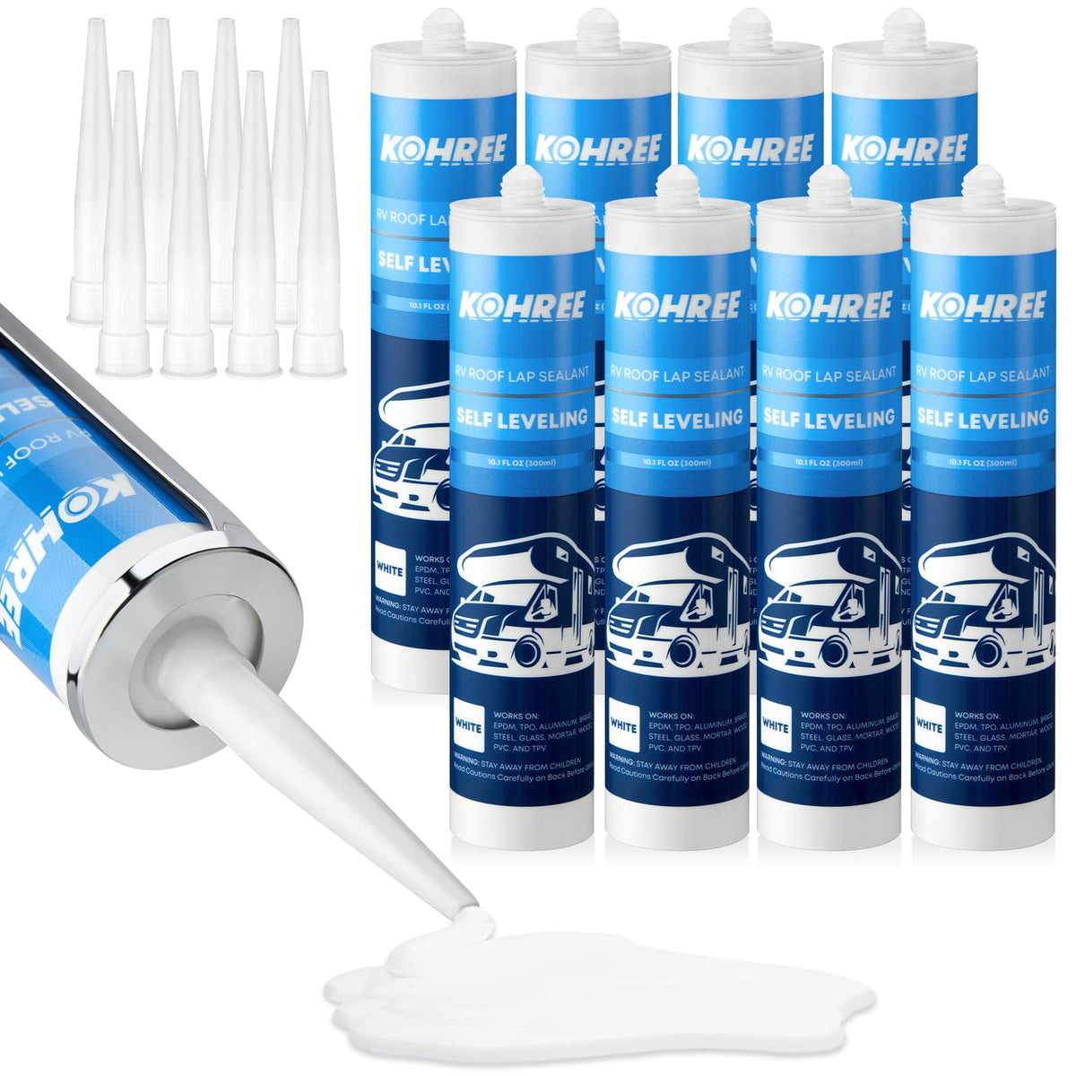 Kohree front packaging showing eight white sealant bottles and brand clarity