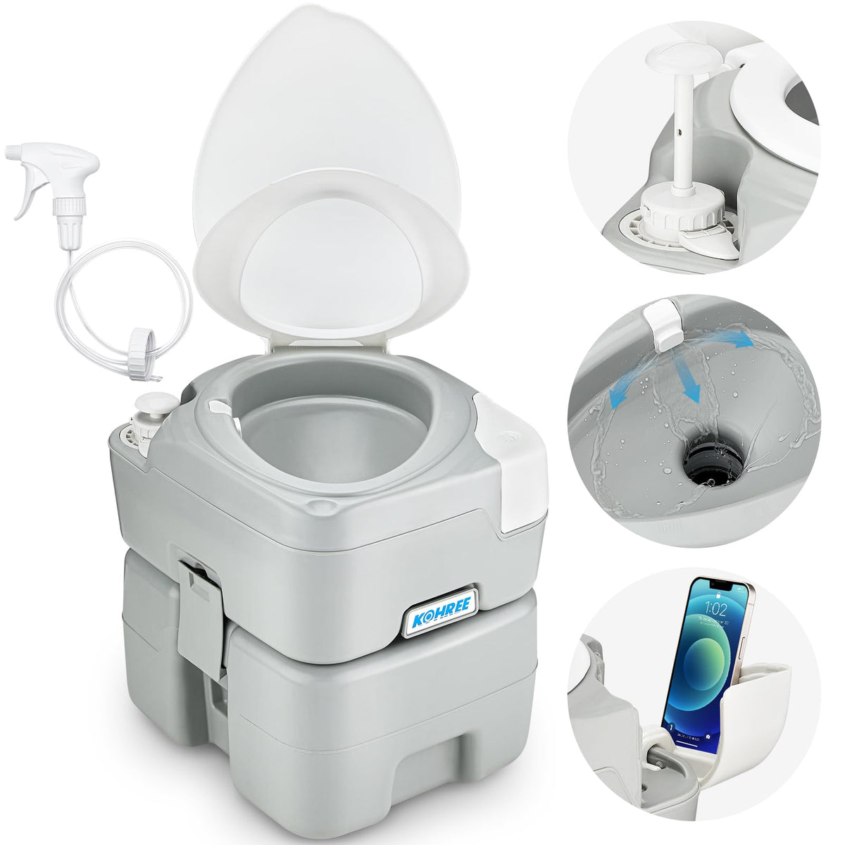 Kohree front view of portable toilet showing compact design and easy transport