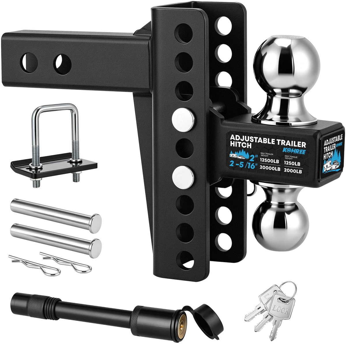 Kohree front view of adjustable hitch showing durable finish and mounting ease