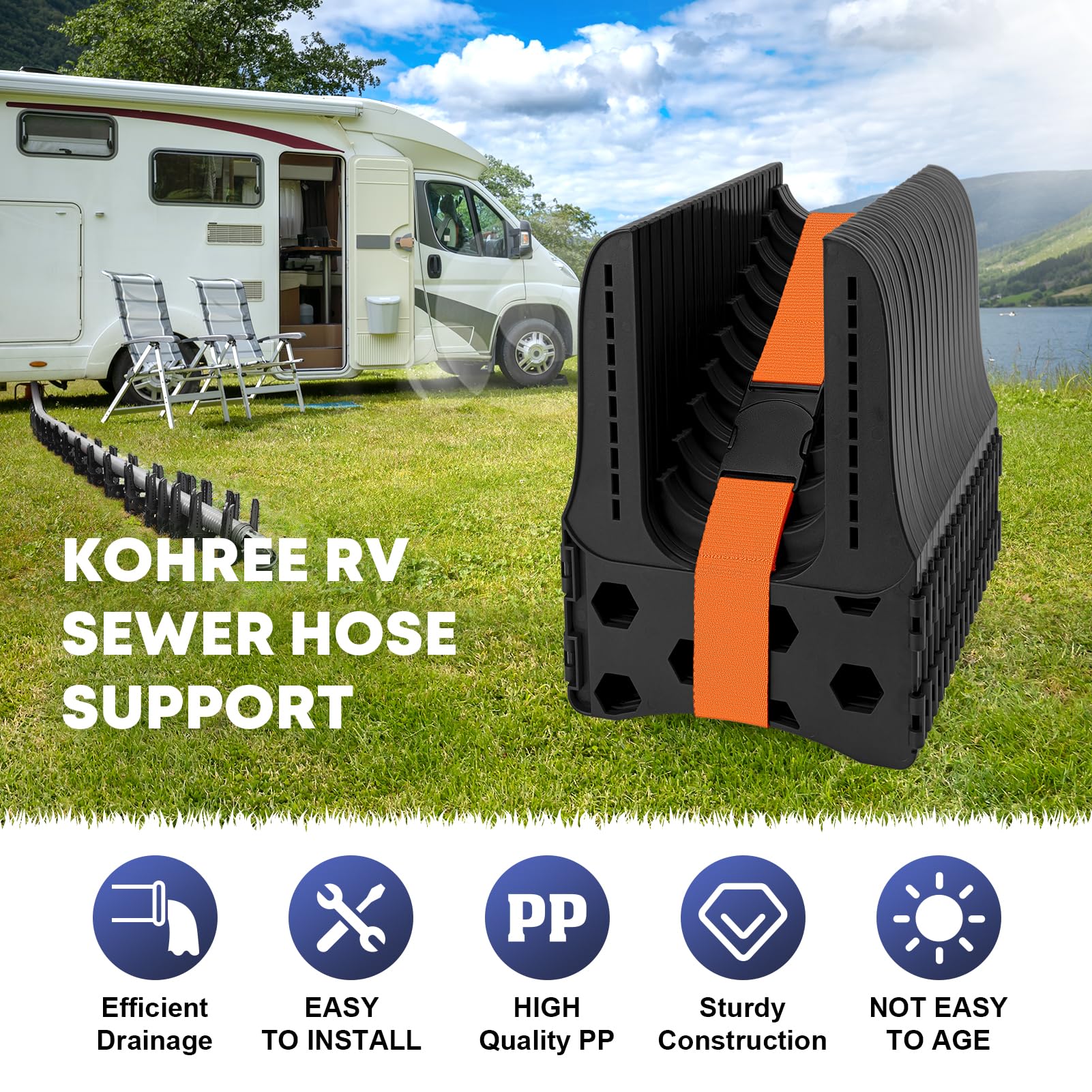 Kohree installed at campsite demonstrating tidy, reliable sewer hose routing