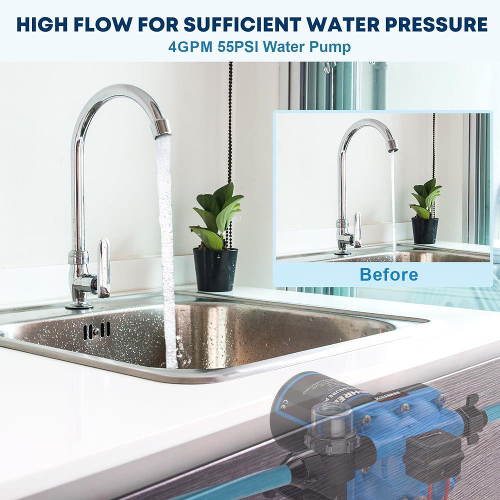 Kohree pump mounted under an RV sink demonstrating space-saving installation benefit