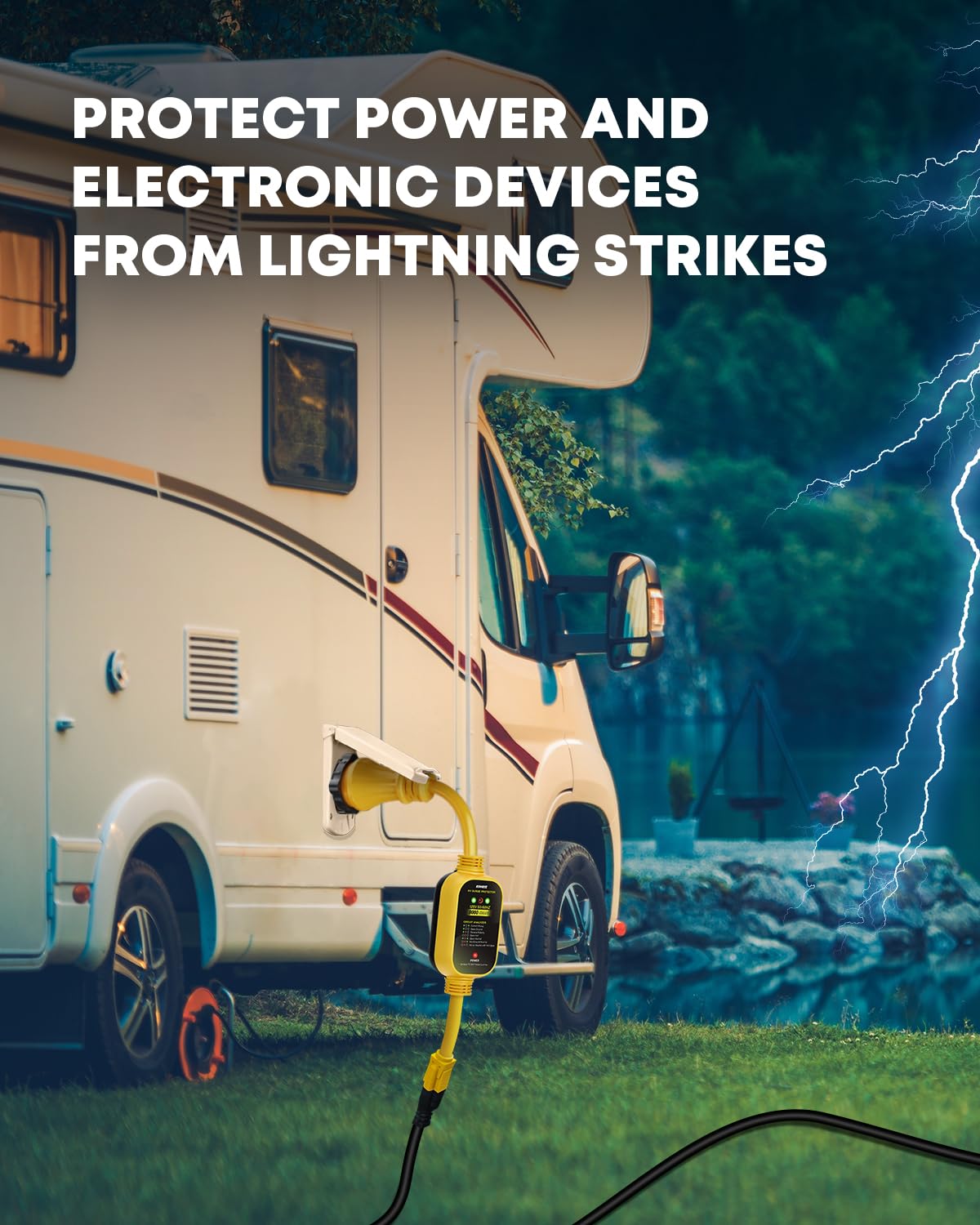 Kohree adapter in use between RV and home outlet, powers essentials safely