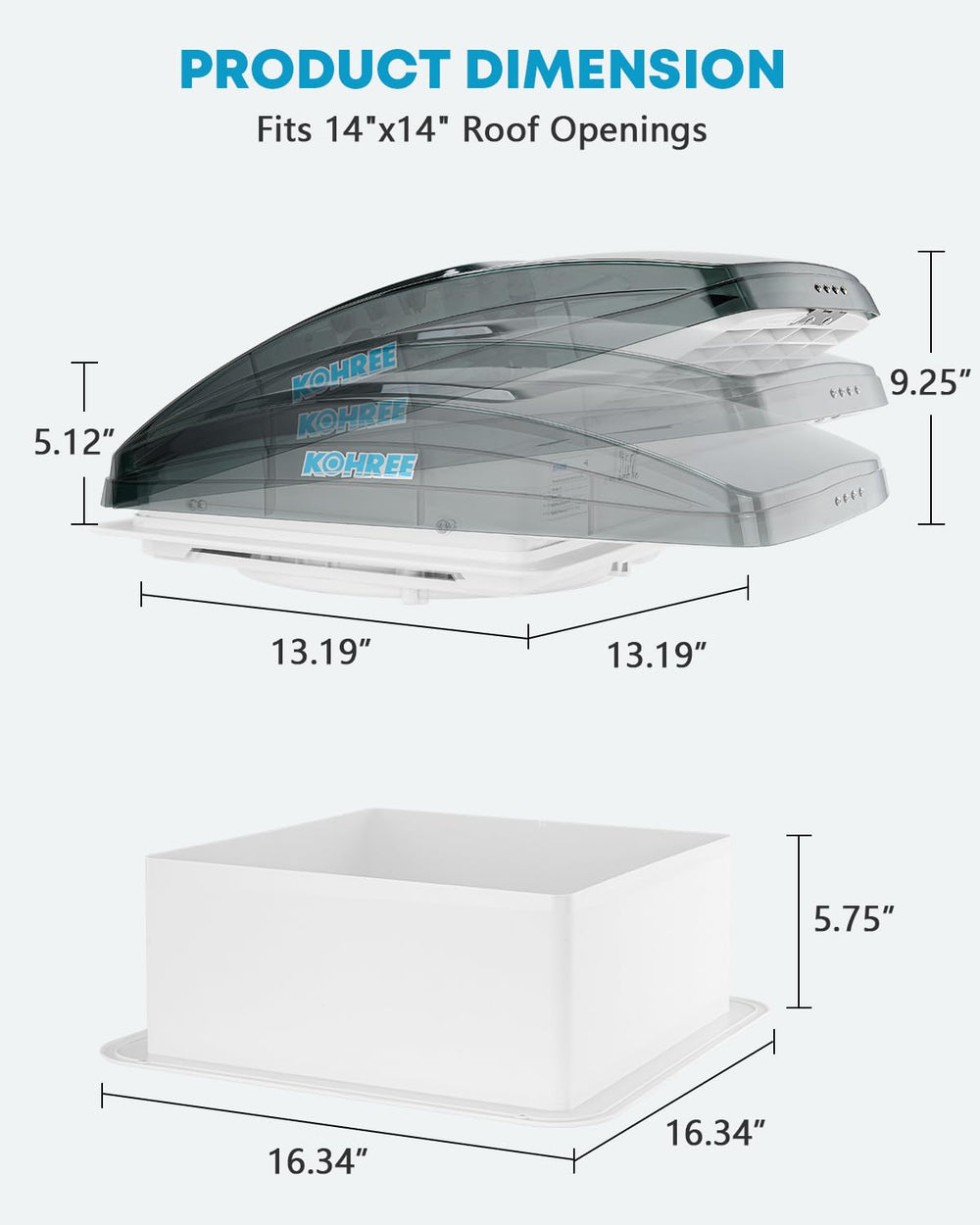 Kohree vent fan next to hand showing compact 14x14 scale