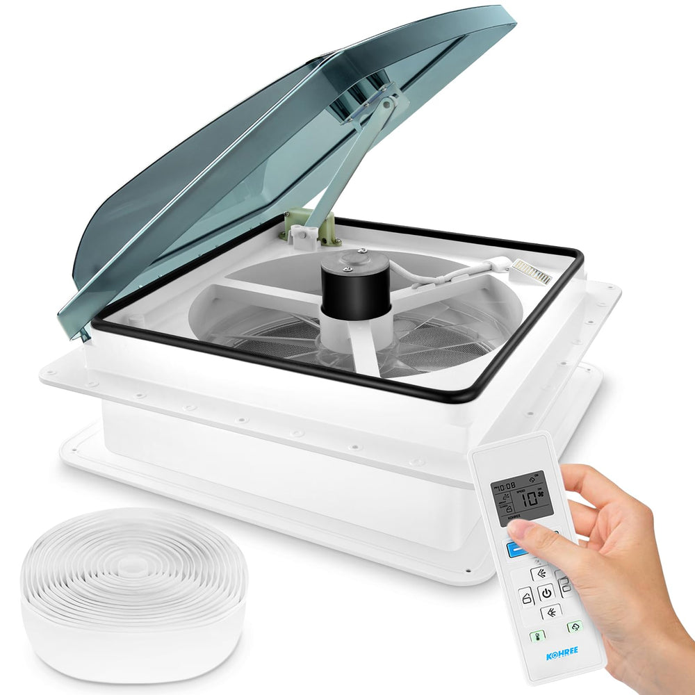 Kohree front view of 14 inch vent fan showing low-profile lid and airflow benefit