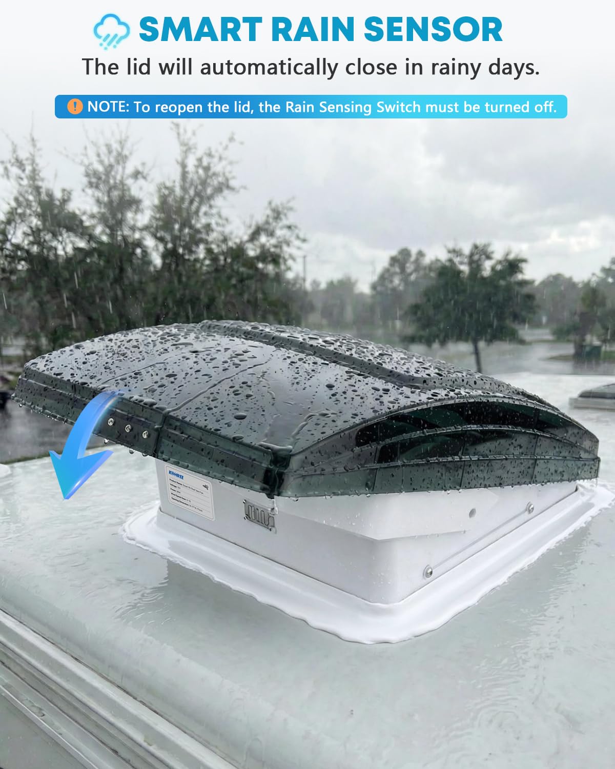 Kohree fan installed on RV roof demonstrating weather protection