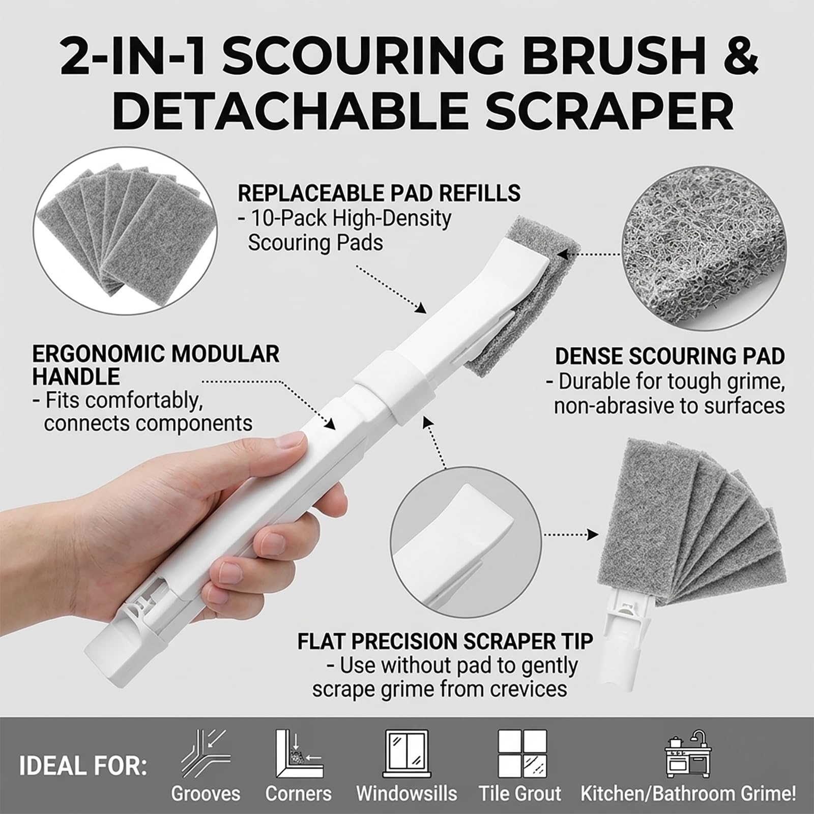 KOISHU crevice scrubber with pad tackling narrow grime for effective scrubbing