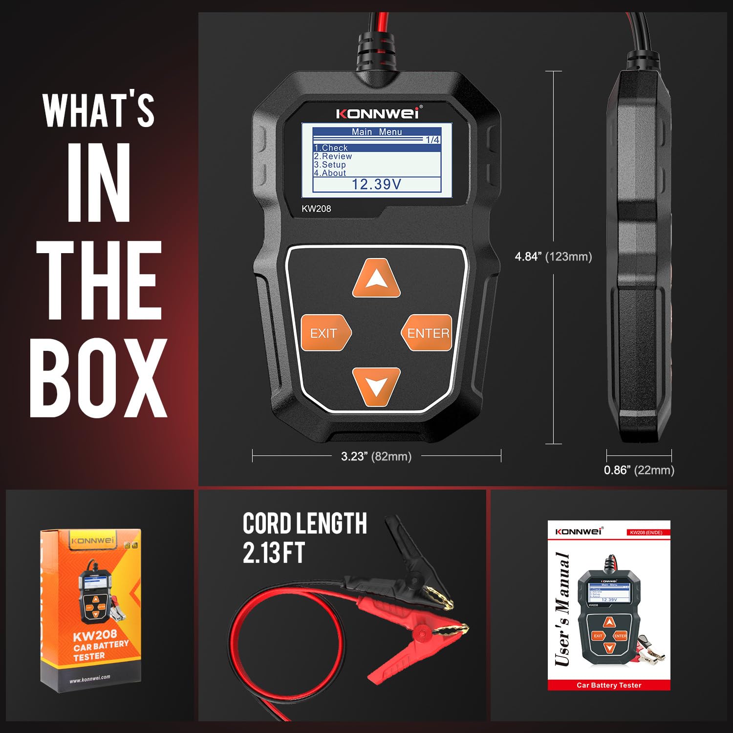 KONNWEI KW208 packaging laid out showing included cables and user-ready kit