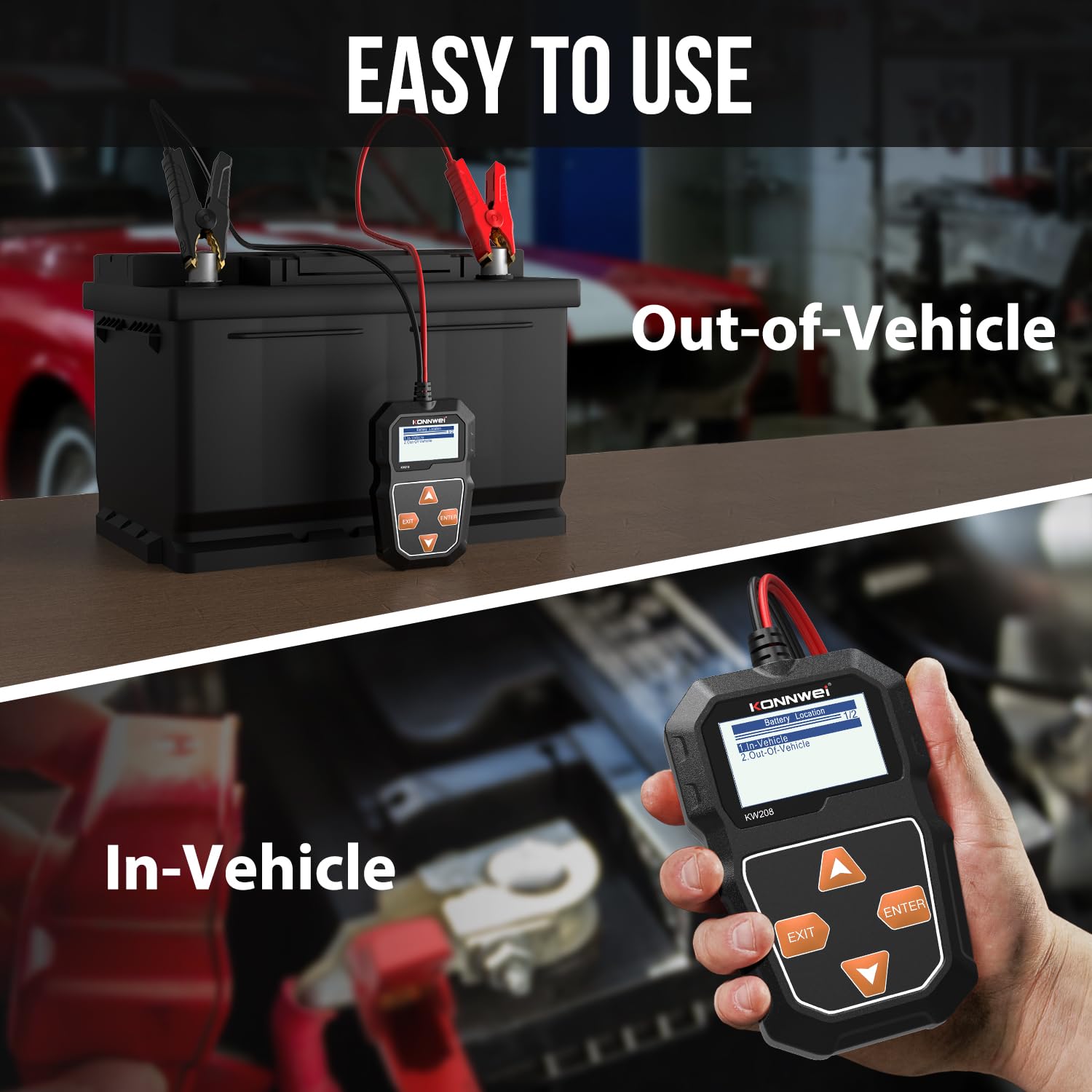 KONNWEI KW208 handheld next to a smartphone showing portable size for garage use